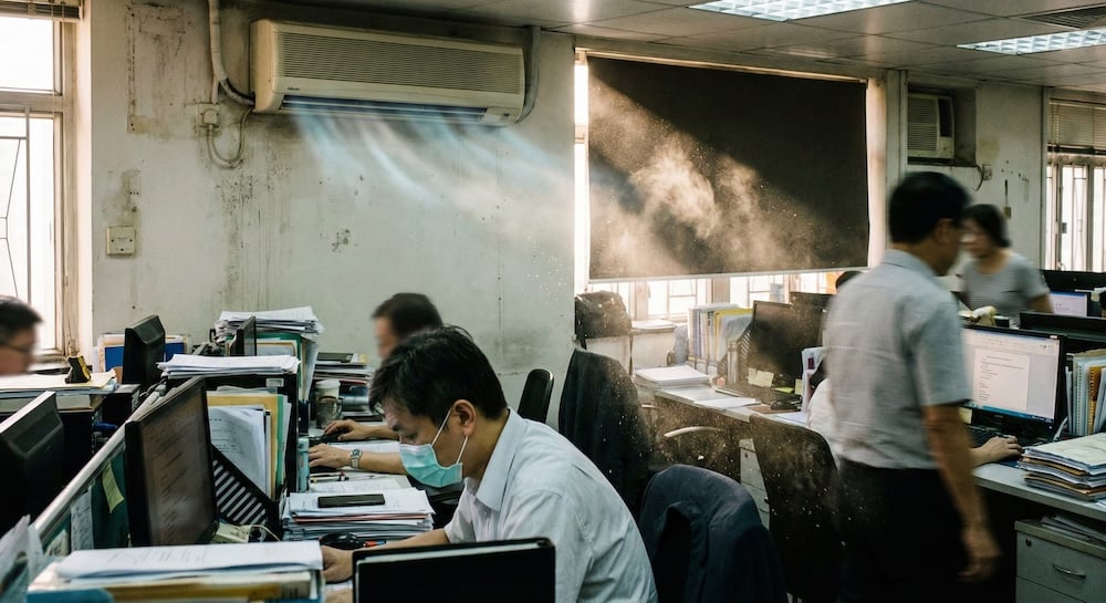 辦公室內多人戴口罩防流感,座位區雜亂有塵,陽光從窗照入。適合香港專業辦公室清潔服務。.