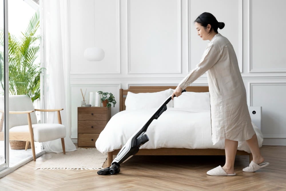 吸塵機推介 一位穿輕便裙子和拖鞋的女士,正在明亮現代化臥室裡用熱門吸塵機推介清潔木地板,床鋪整齊。.