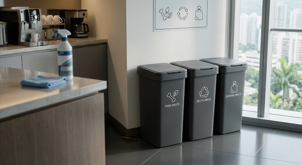 現代廚房靠大窗放有三個標有分類的垃圾桶,包括廚餘回收、可回收物及一般垃圾,清潔方便.