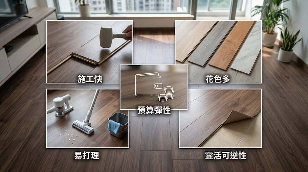 無縫地板 圖片展示木紋地板優點:安裝快速、多款式、易清潔保養、價錢彈性易比較、可翻新,配有中英文圖示。.