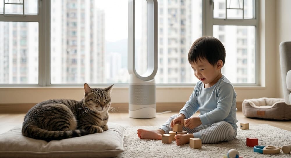無葉片風扇缺點 香港細單位小朋友與貓咪在無葉片風扇旁安全玩耍,展示無葉片風扇缺點之外的最大優勢:無外露扇葉更安全