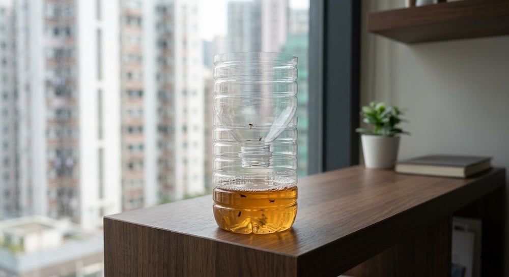 烏蠅 自製捕果蠅陷阱放在窗邊木架上,旁有小盆栽,窗外可見大廈。適合香港家居進行蒼蠅消滅。