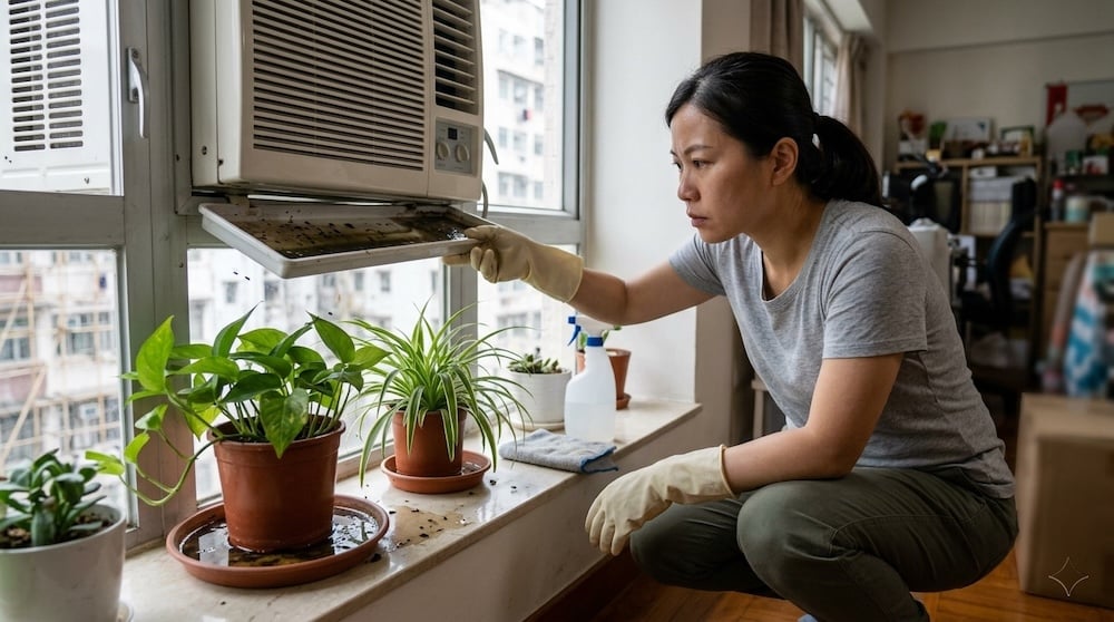 烏蠅 女士戴手套清潔窗口式冷氣機及窗台位置,檢查及清理冷氣機積水與植物附近可能吸引烏蠅滋生的家居衞生問題。