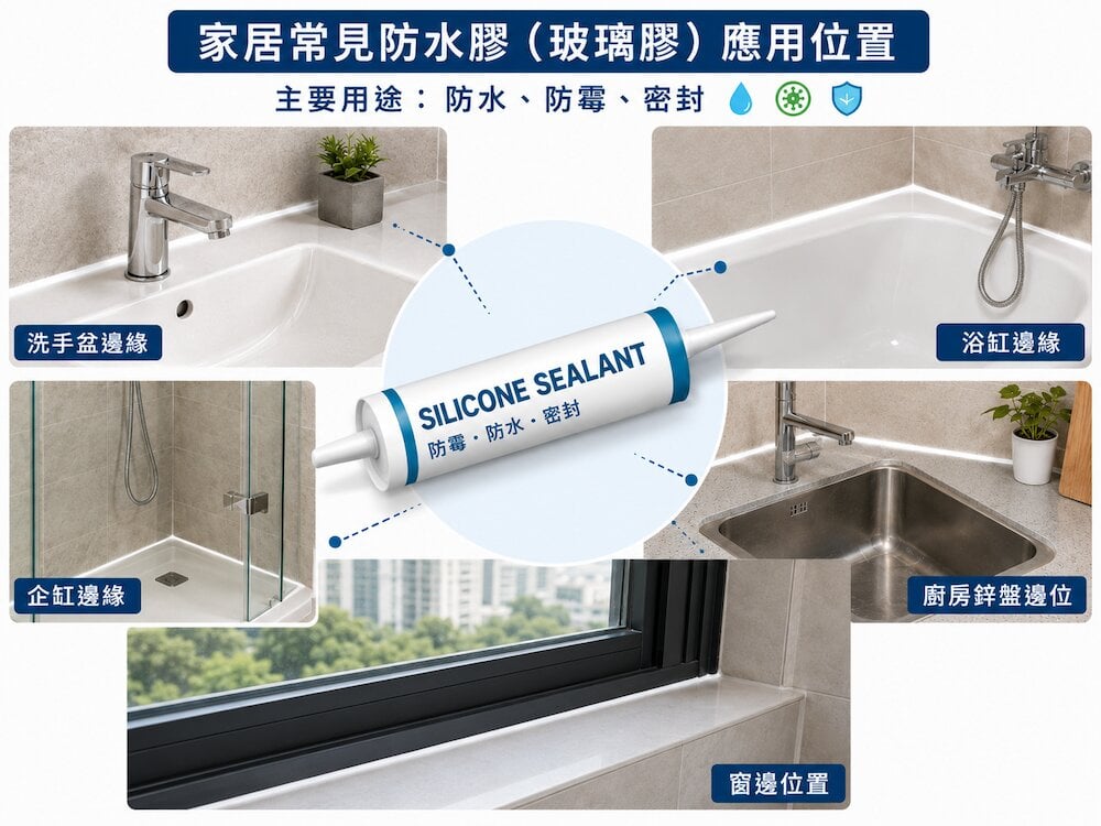防水膠 浴室常見防水膠應用資訊圖,包括洗手盆、浴缸、淋浴間、廚房及窗邊,附防水膠管及中文標示。