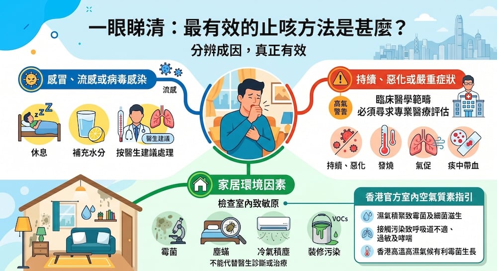 最有效的止咳方法 最有效的止咳方法資訊圖,分辨感冒流感、嚴重症狀及家居霉菌、塵蟎、冷氣積塵等環境因素。