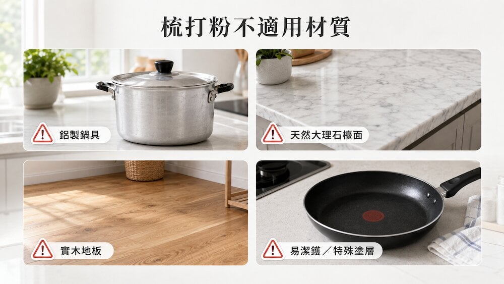 梳打粉清潔 四張圖片顯示了不適合使用小蘇打清潔的表面:鋁鍋、天然石材檯面、木地板、不沾鍋,均附有警告標誌。.