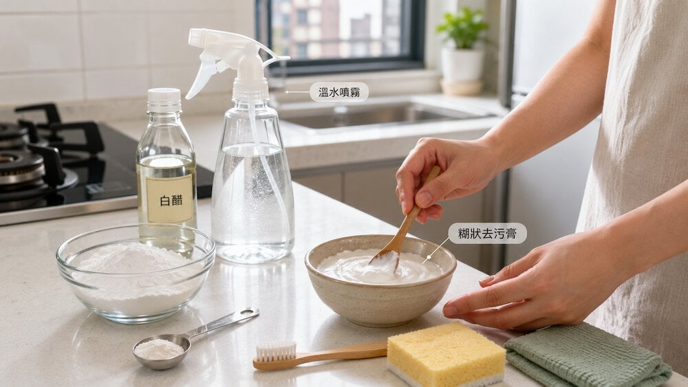 梳打粉清潔 香港家居廚房示範梳打粉清潔調配方法,包括溫水噴霧、白醋分步使用及糊狀去污膏