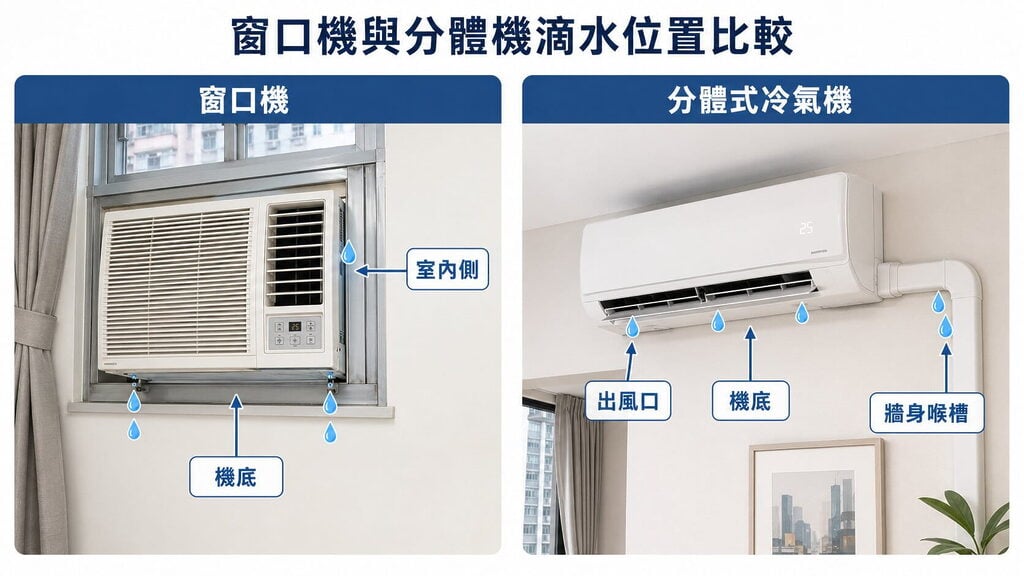 窗口冷氣機與分體式冷氣機滴水位置比較，顯示兩種機型常見漏水位置及檢查方向。