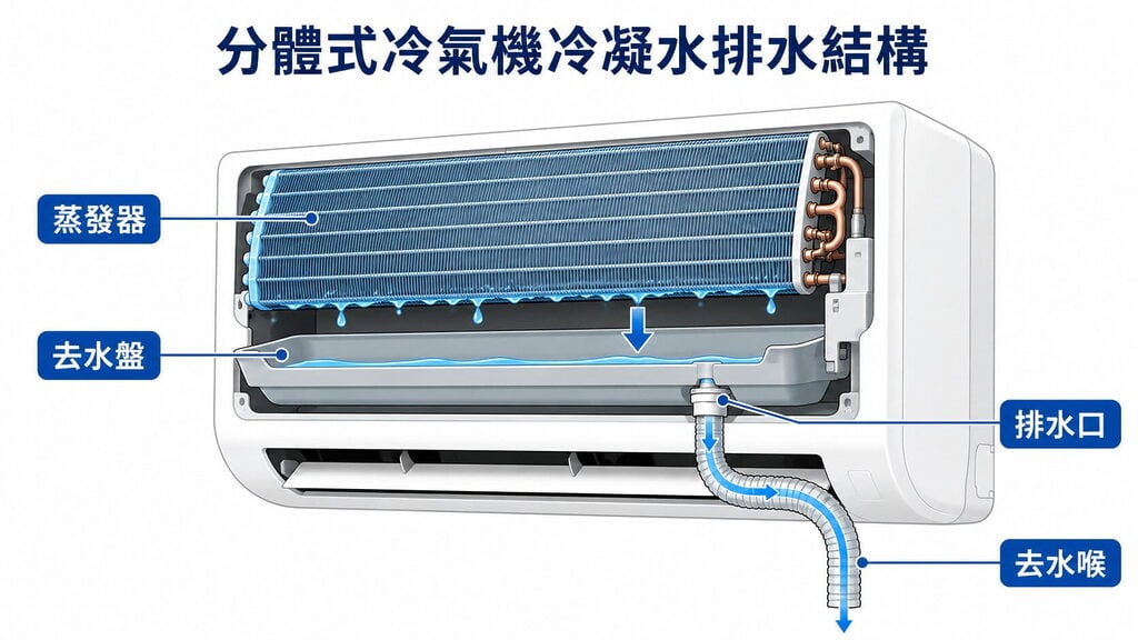 分體式冷氣機蒸發器、去水盤及去水喉結構，展示冷凝水排水流程及冷氣機滴水原因。