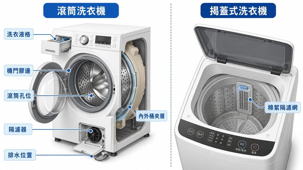 洗衣機清潔 左側為標示零件的前置式洗衣機,右側為特別標示棉絮過濾器的上蓋式洗衣機,比較兩者在高效洗衣機清潔中的重要特點。.
