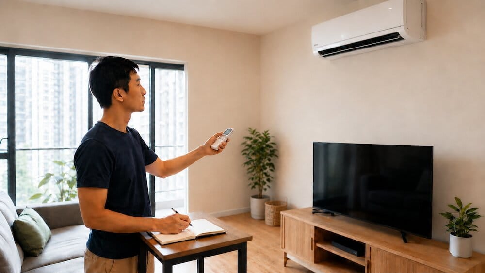 冷氣機臭味 一名男子站在客廳裡,手持遙控器對準壁掛式冷氣機,面前的小桌上放著一台打開的筆記型電腦,正搜尋解決冷氣機異味的方法或清洗冷氣機的清潔技巧。