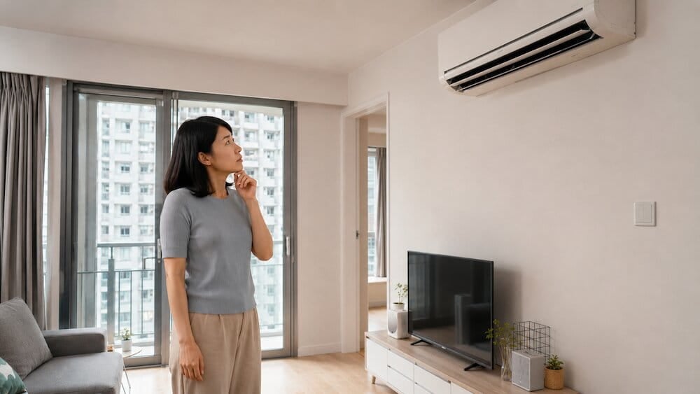 一位女士站在客廳裡,抬頭望著電視上方牆上掛著的冷氣機,思考著如何解決冷氣機臭味。