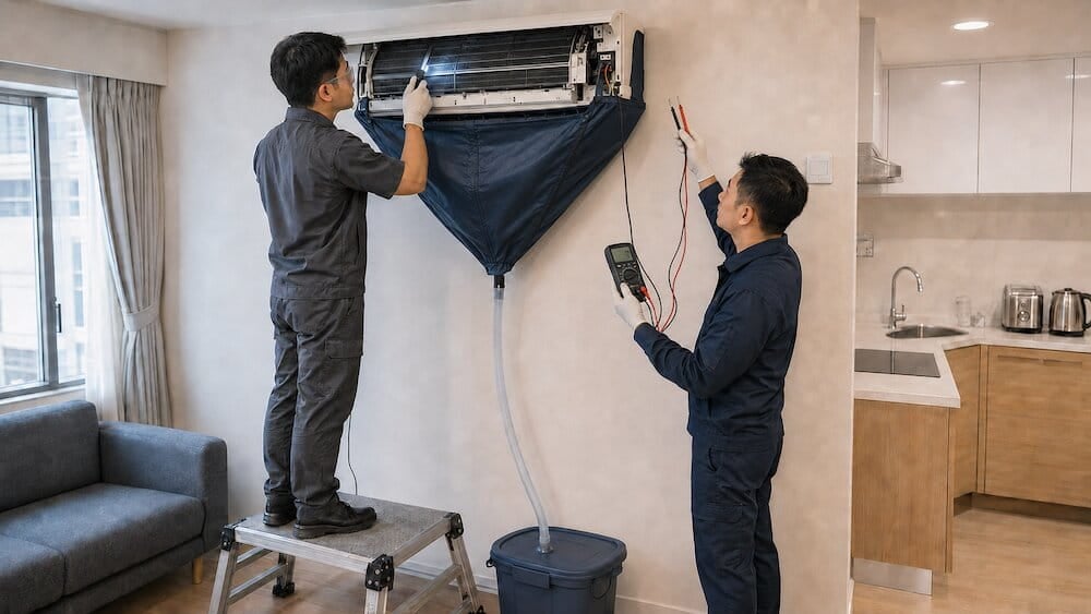 冷氣機臭味 兩位身穿工作服的專業技師在現代客廳內,利用專業清洗工具徹底清潔和保養壁掛式冷氣機,有效去除冷氣機臭味,為香港客戶提供優質的冷氣清洗服務。.