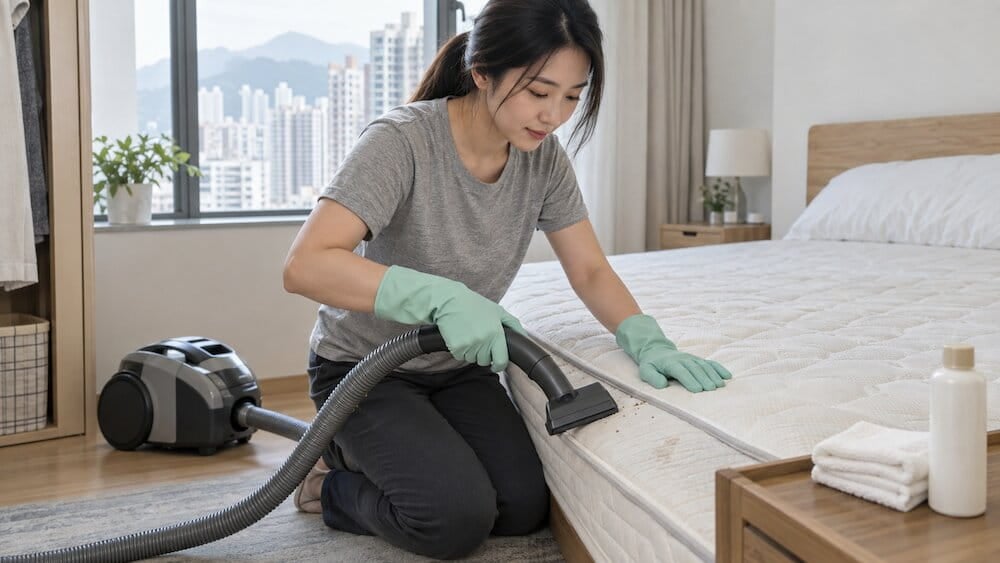 床褥清潔 床褥清潔時以乾淨家具吸頭清理床面及接縫附近的碎屑